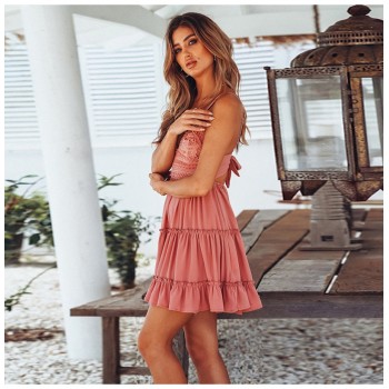 Spaghetti Strap Bow Dresses Sexy Women V-neck Sleeveless Beach Backless Lace Patchwork
